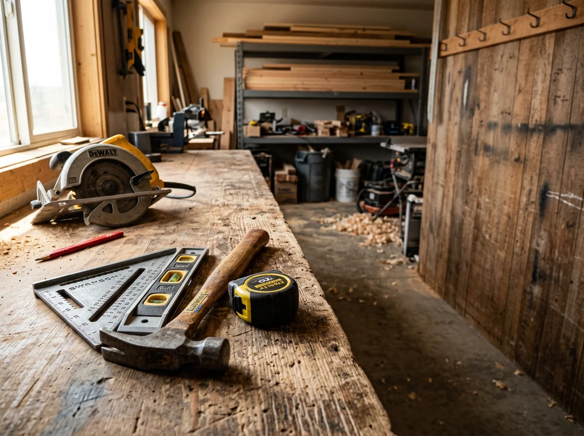 Contractor tools and equipment arranged on a work surface, including speed square, level, and hammer ready for job site use.
