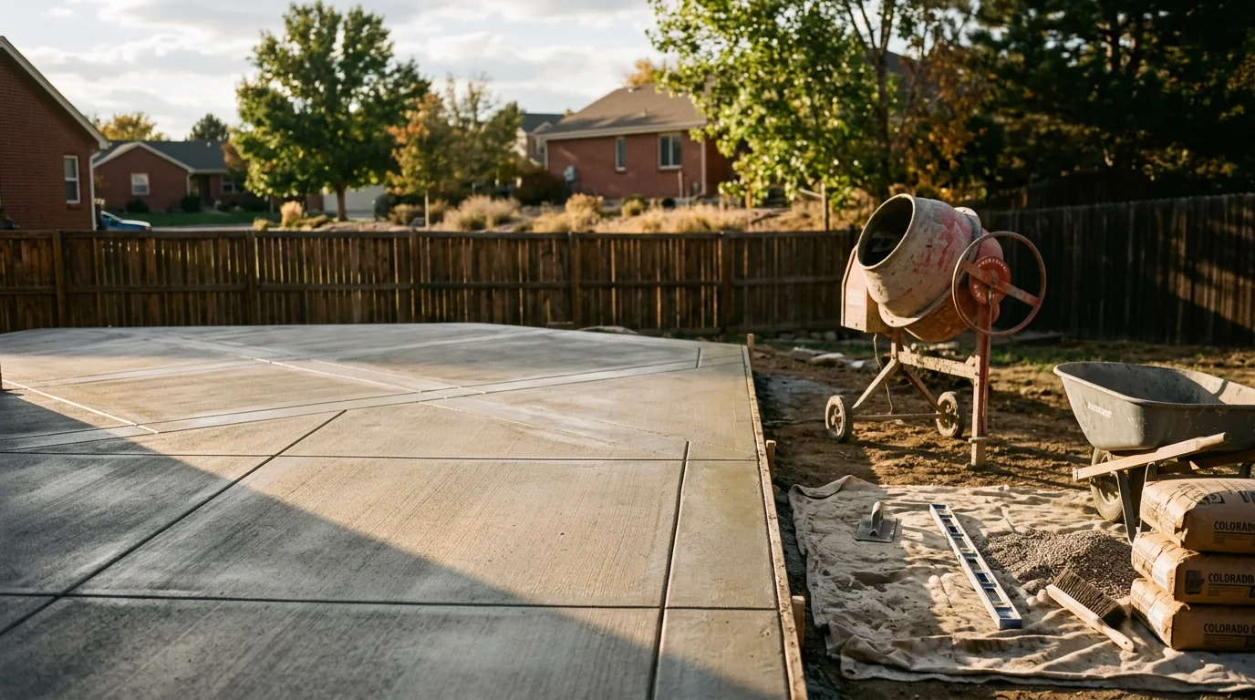 Finished concrete patio with decorative scoring and clean edges adjacent to a residential home