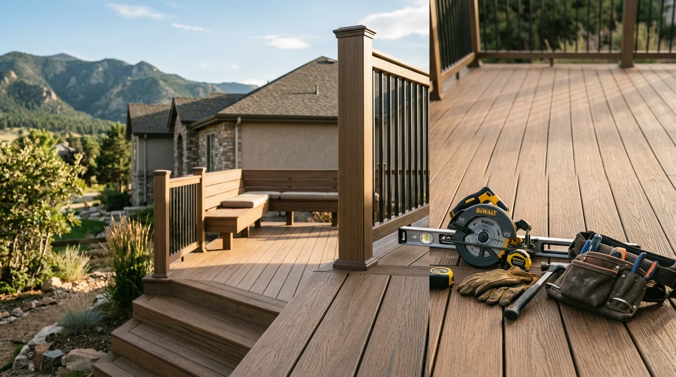 Custom wooden deck with built-in seating overlooking a residential backyard