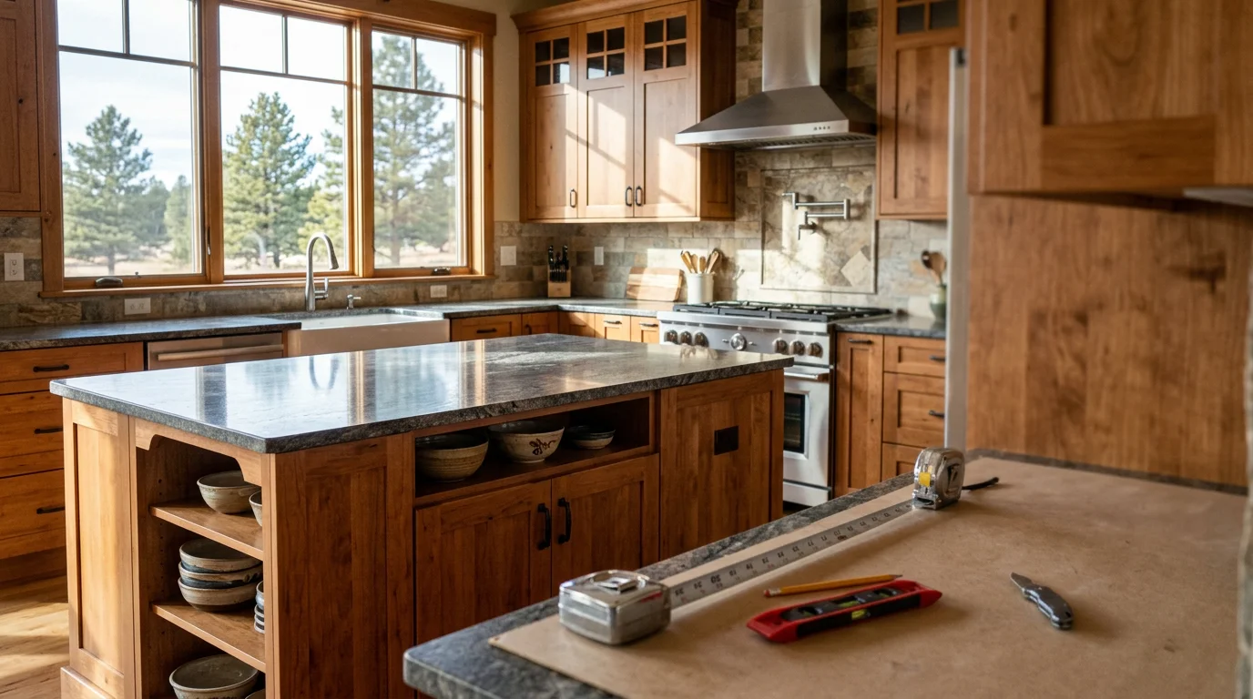 Modern kitchen with custom cabinetry, new countertops, and updated lighting