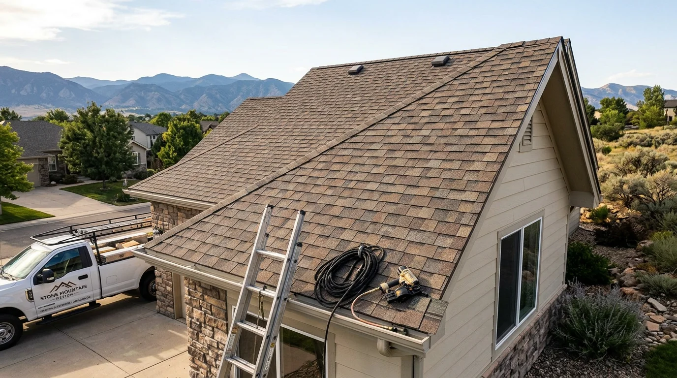 Residential roof with new shingles installed on a home in a Colorado neighborhood