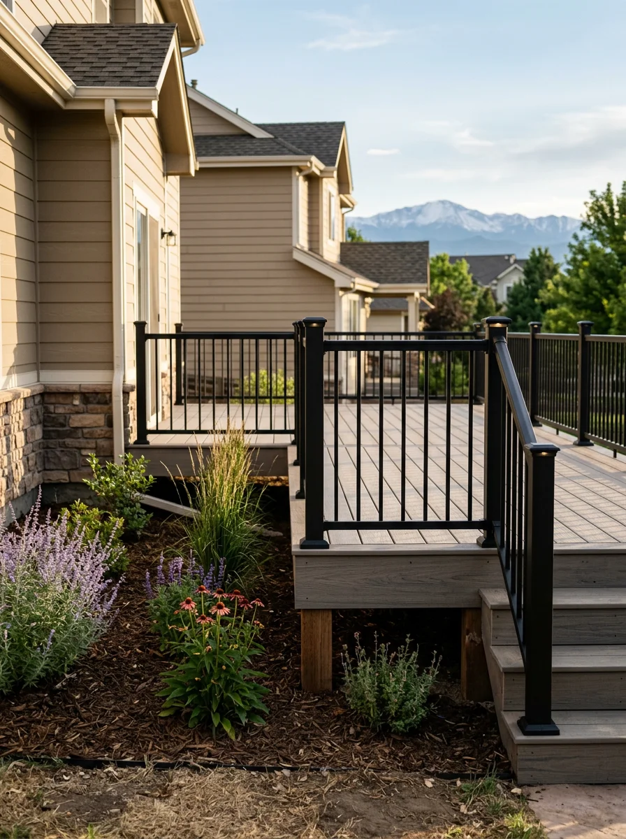 A custom deck addition on a 1990s two-story home in Longmont's Somerset Meadows neighborhood, with composite decking and mountain views toward the Front Range.