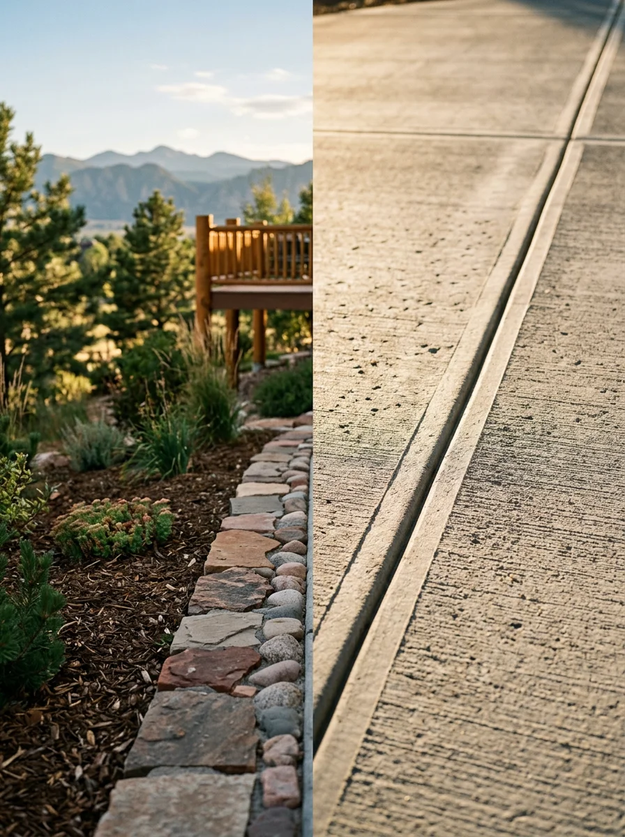 Close-up of a finished concrete patio with control joints and decorative edging at a Loveland, CO residential property, with the Front Range foothills visible in the background.
