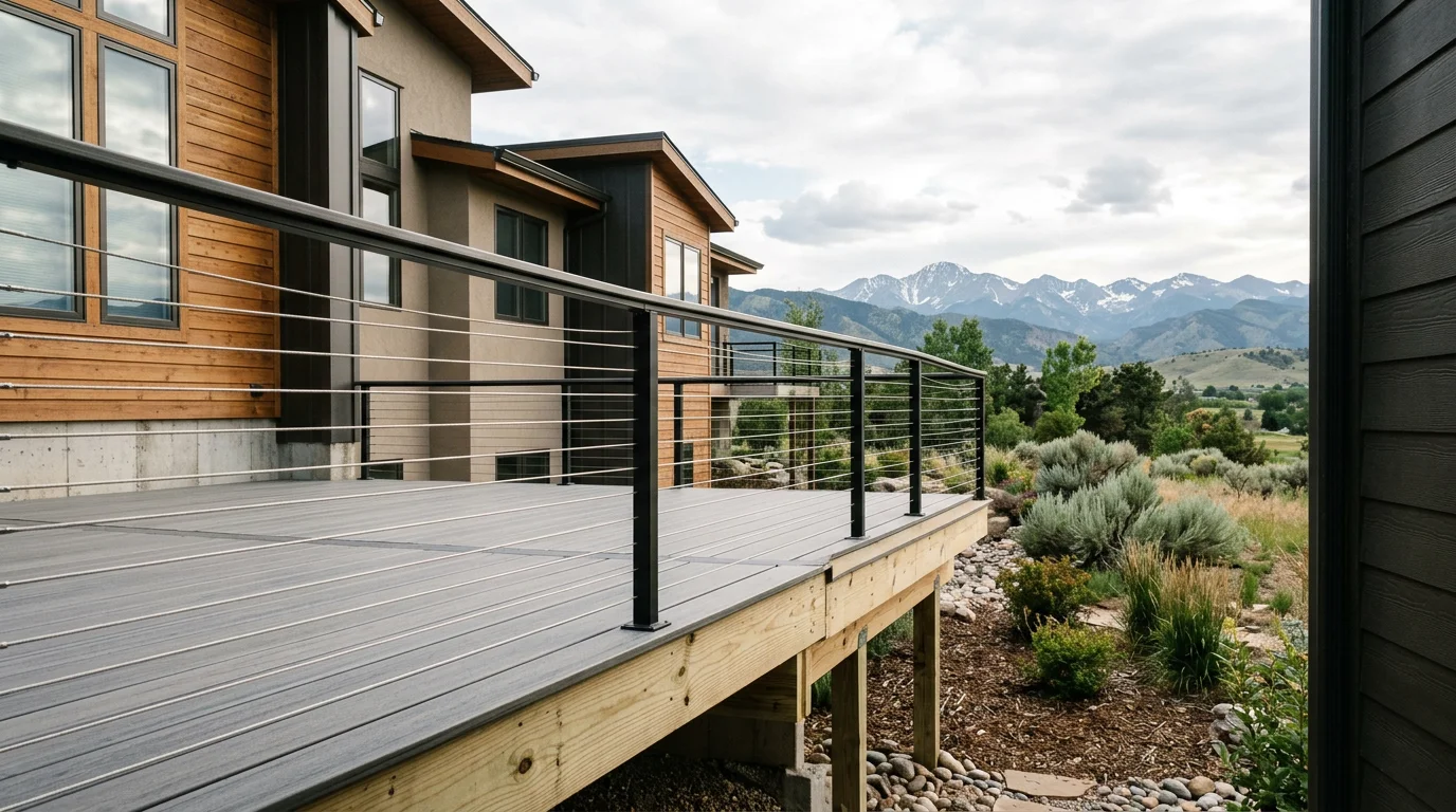 A custom composite deck with mountain views attached to a single-family home in Loveland, Colorado, showing proper railing and joist spacing for Front Range weather conditions.