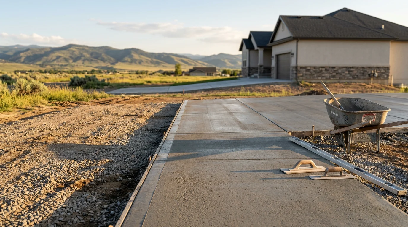 A freshly installed concrete driveway in front of a residential home in Loveland, Colorado, with a smooth broom finish and clean edges leading to the garage. The surrounding landscape reflects the Front Range setting with dry grass and a clear view of the neighborhood street.