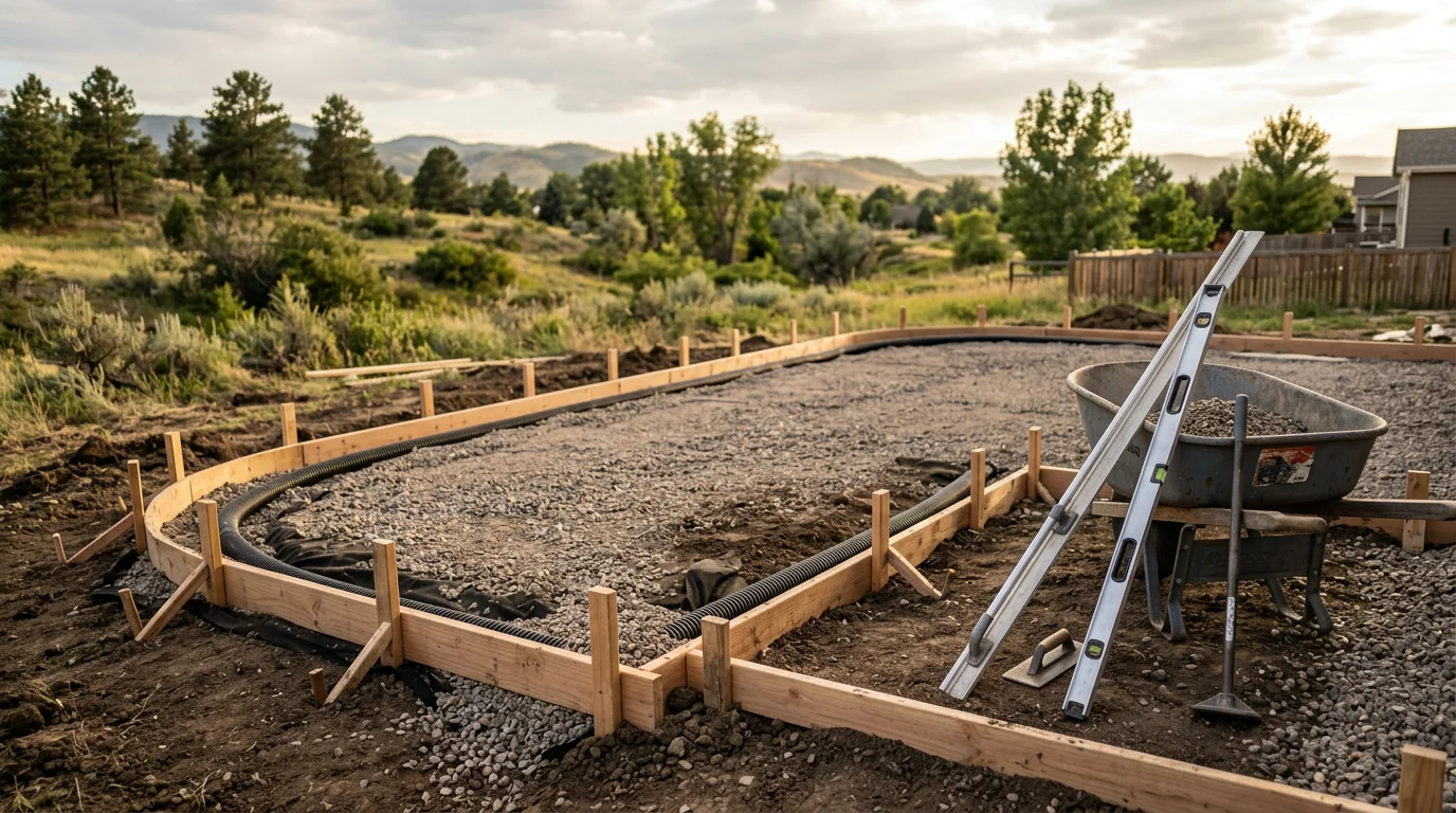 A finished concrete patio in a Loveland, Colorado backyard with a clean rectangular slab extending from the home's rear door toward a grassy yard, with the Front Range foothills visible in the background. The surface shows a smooth, even finish with visible control joints running across the slab.