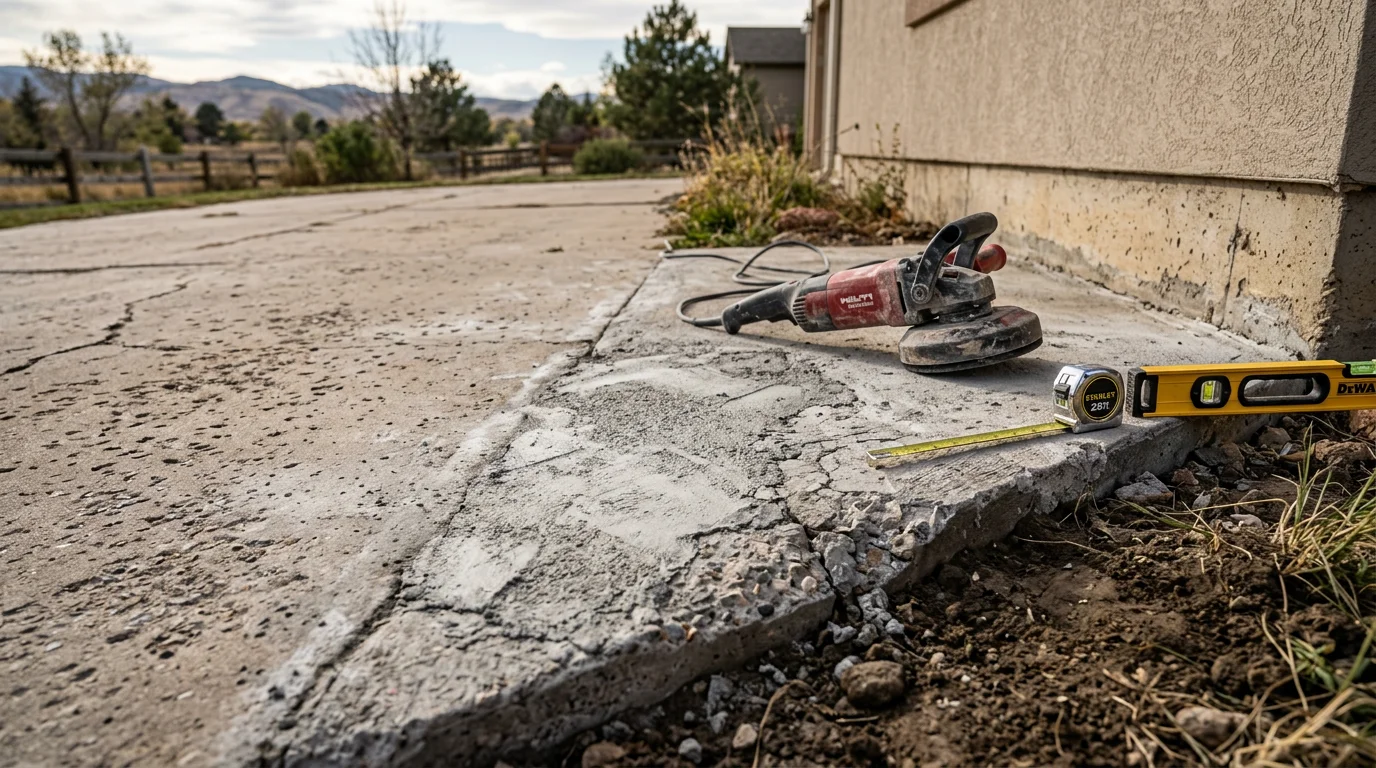Repaired concrete slab surface in a Loveland, Colorado residential yard, showing filled cracks and a restored even finish. Close-up view highlights the texture of the repaired area against the surrounding concrete.