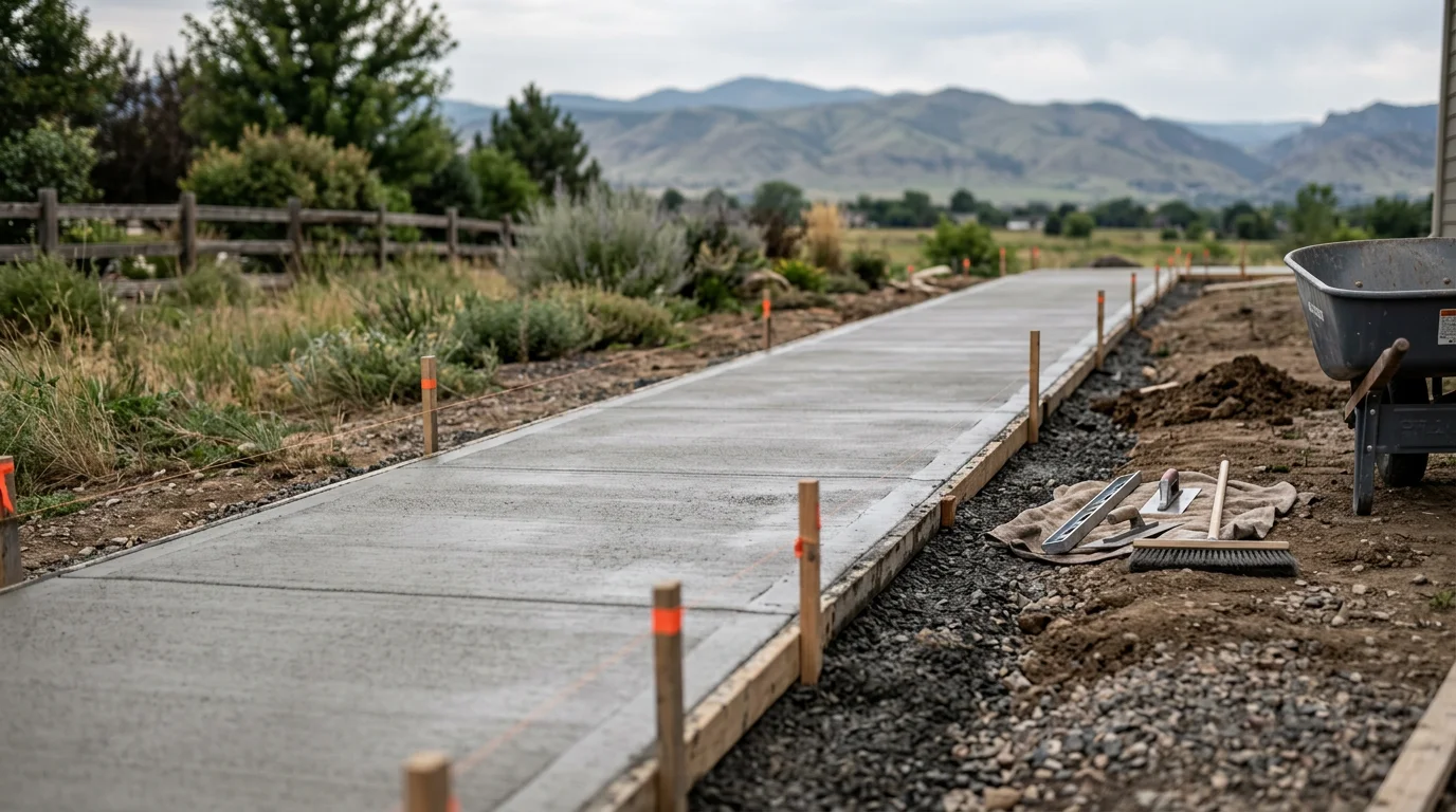 A freshly installed concrete walkway leading from a residential driveway to a front entry in Loveland, Colorado, with a broom-finished surface and clean straight edges set against a Colorado Front Range landscape.