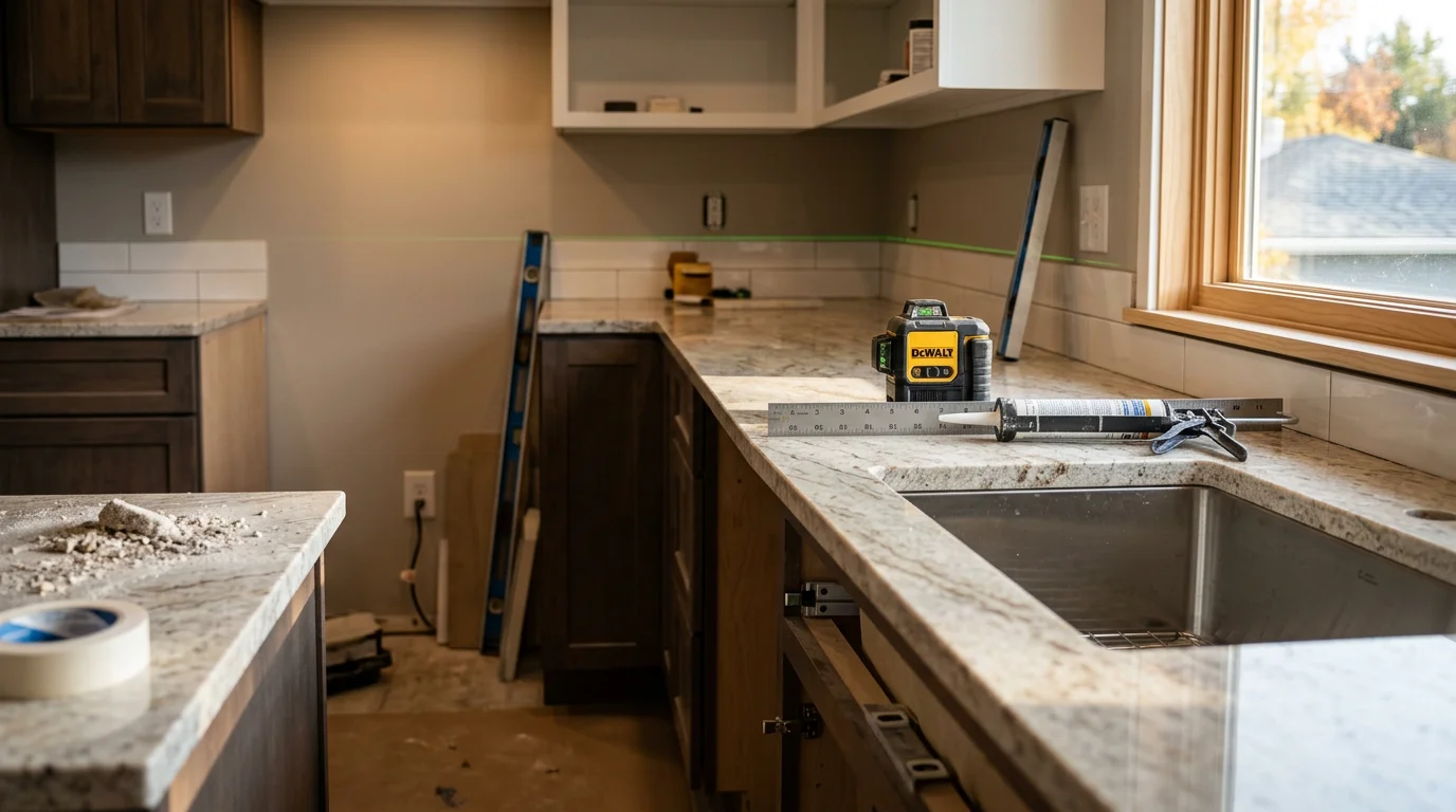 Freshly installed stone countertop in a Loveland kitchen with clean seams, a fitted sink cutout, and natural light from a window above. The surface runs the full length of the cabinetry with a finished edge detail along the front.