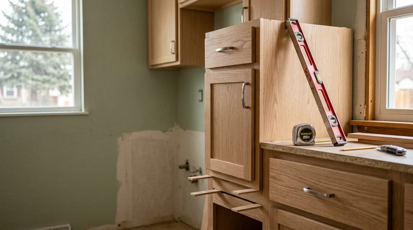 Newly installed custom kitchen cabinets in a Loveland, Colorado home, showing floor-to-ceiling cabinetry fitted precisely to the walls with clean hardware and a natural wood finish. The kitchen layout makes full use of available wall space with no visible gaps or filler strips.