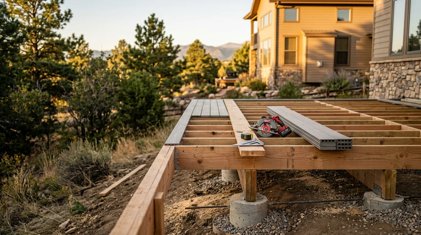 A newly built custom wood deck attached to a single-family home in Loveland, Colorado, with multi-level framing and open railing overlooking a residential backyard. The structure shows clean post-and-beam construction suited to Northern Colorado's outdoor living conditions.