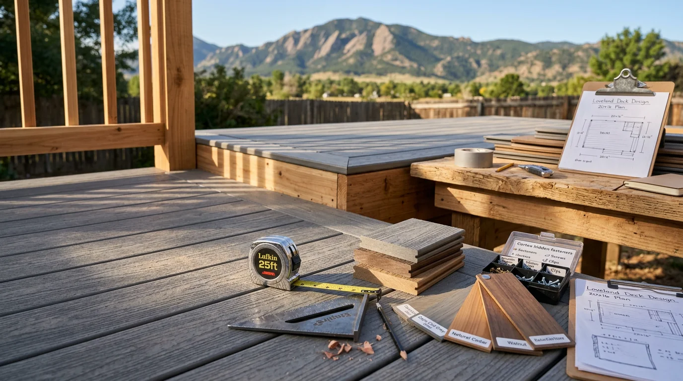 A deck designer reviewing an outdoor layout plan with a Loveland homeowner on a residential backyard site. The yard shows a sloped lot with mountain views typical of Northern Colorado properties.