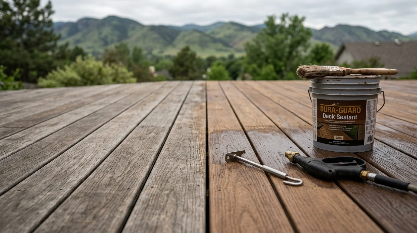 A clean, well-maintained wood deck on a Loveland, Colorado home with a sealed surface showing no fading or weathering. The deck overlooks a residential backyard under the clear Northern Colorado sky.