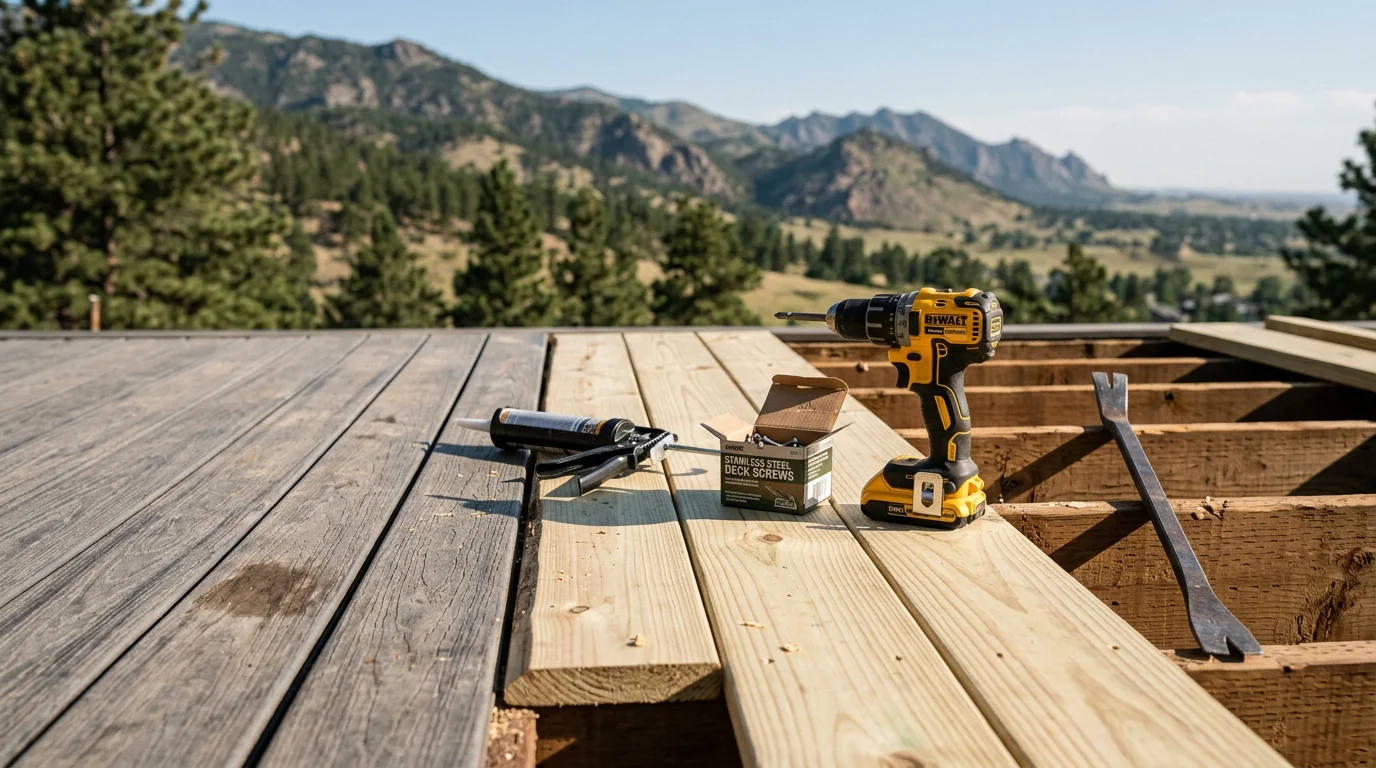 A repaired residential deck in Loveland, Colorado, showing replaced boards, secured railings, and a freshly sealed surface. The deck overlooks a Northern Colorado backyard with the Front Range visible in the distance.