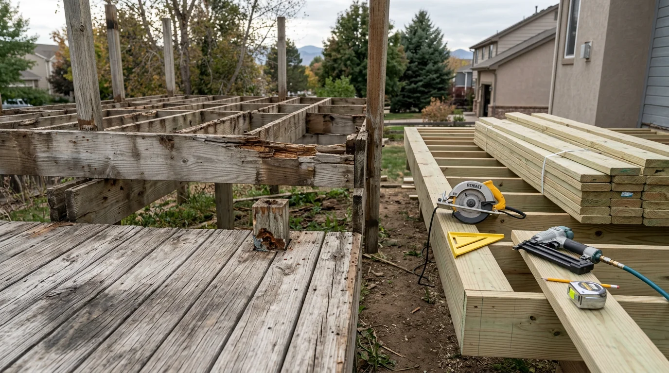 A newly completed deck replacement on a Loveland, Colorado home, showing fresh structural framing and clean decking boards installed over a cleared backyard. The surrounding Front Range landscape is visible in the background.