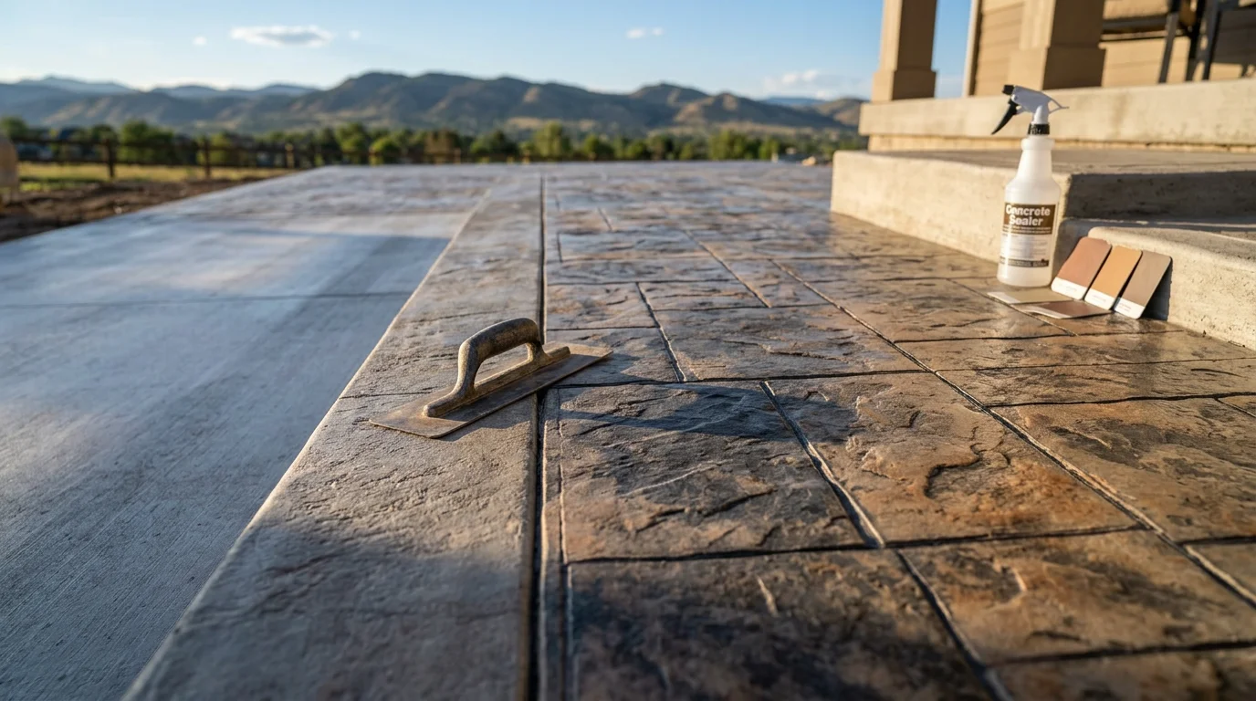 A Loveland backyard concrete slab with a stamped stone-pattern decorative finish in warm earth tones, sealed and set against a wood fence and landscaped garden bed. Stone Mountain Design decorative concrete finishing work in Northern Colorado.