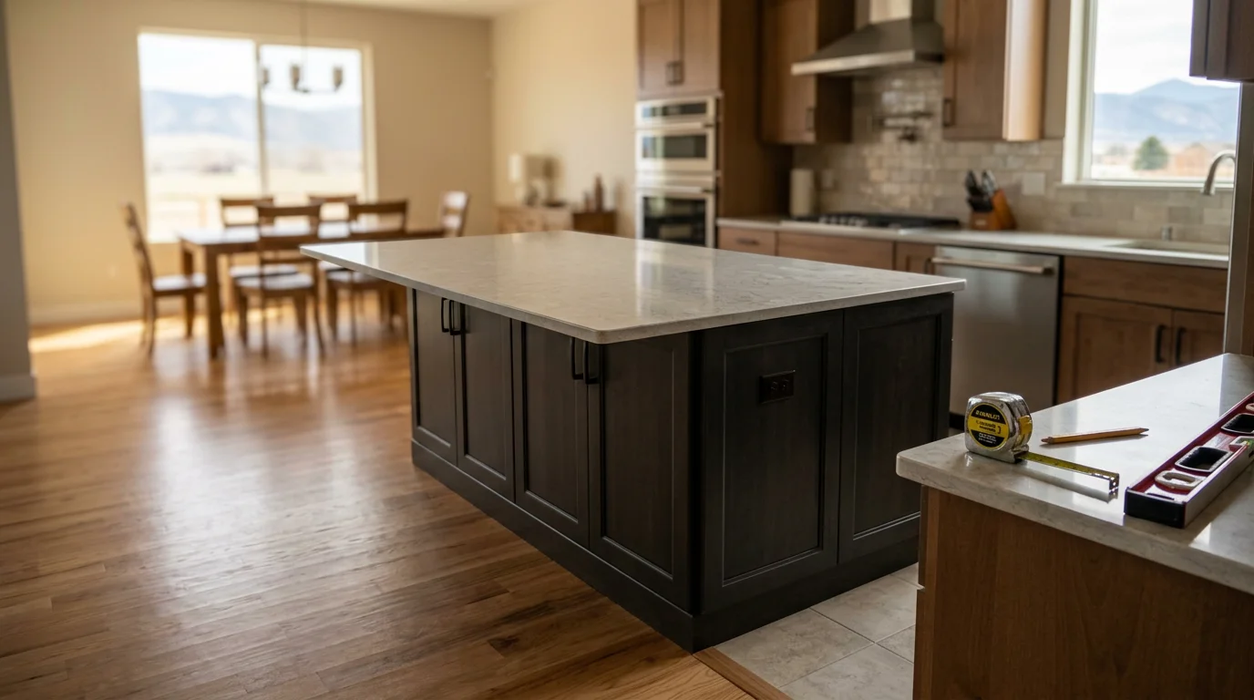 A newly installed built-in kitchen island with a countertop surface and lower cabinet storage in a Loveland, Colorado home with an open floor plan. The island sits centered in the kitchen with clear walkway space on all sides.