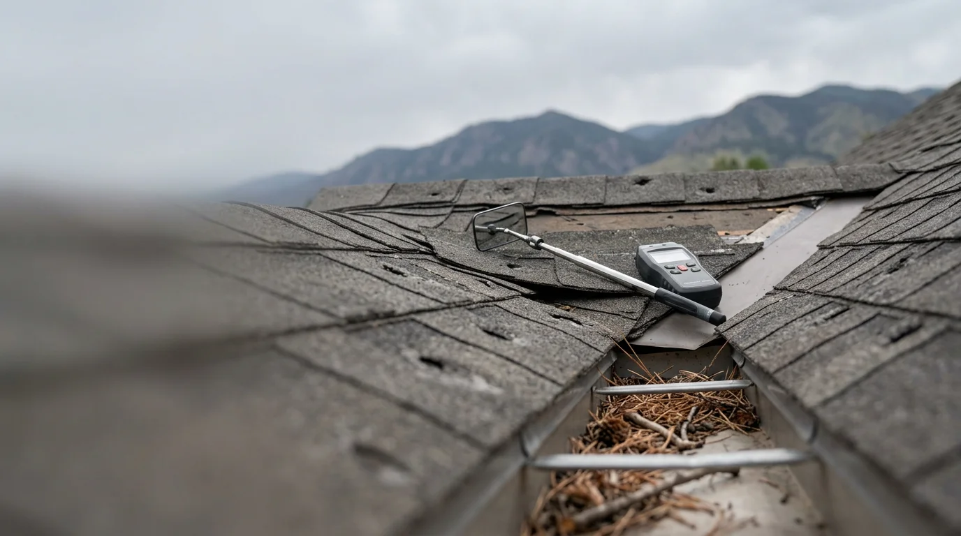 A roofing contractor inspecting shingles and flashing on a residential roof in Loveland, Colorado. The inspection documents storm wear and surface condition on a Front Range home.