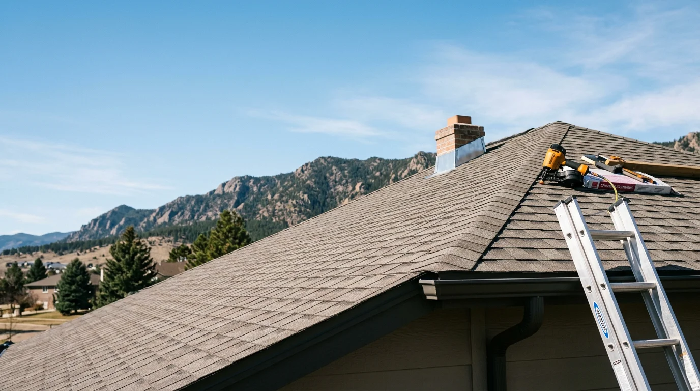 A newly installed residential roof on a single-family home in Loveland, Colorado, with the Front Range foothills visible in the background. The roof shows clean ridge lines and consistent coursing suited to the Northern Colorado climate.