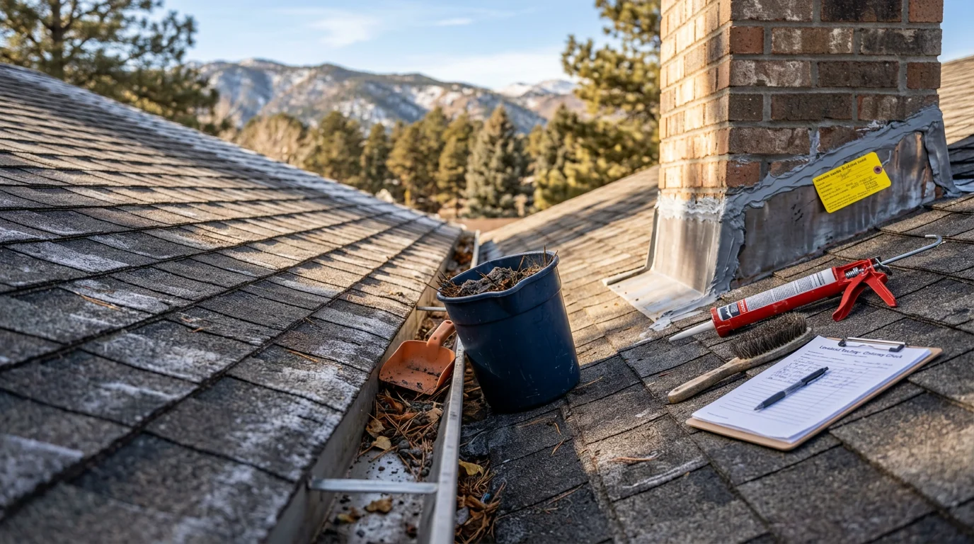 A roofing contractor performing roof maintenance on a residential home in Loveland, Colorado, checking flashing and clearing debris from gutters on a clear day with the Front Range foothills visible in the background.