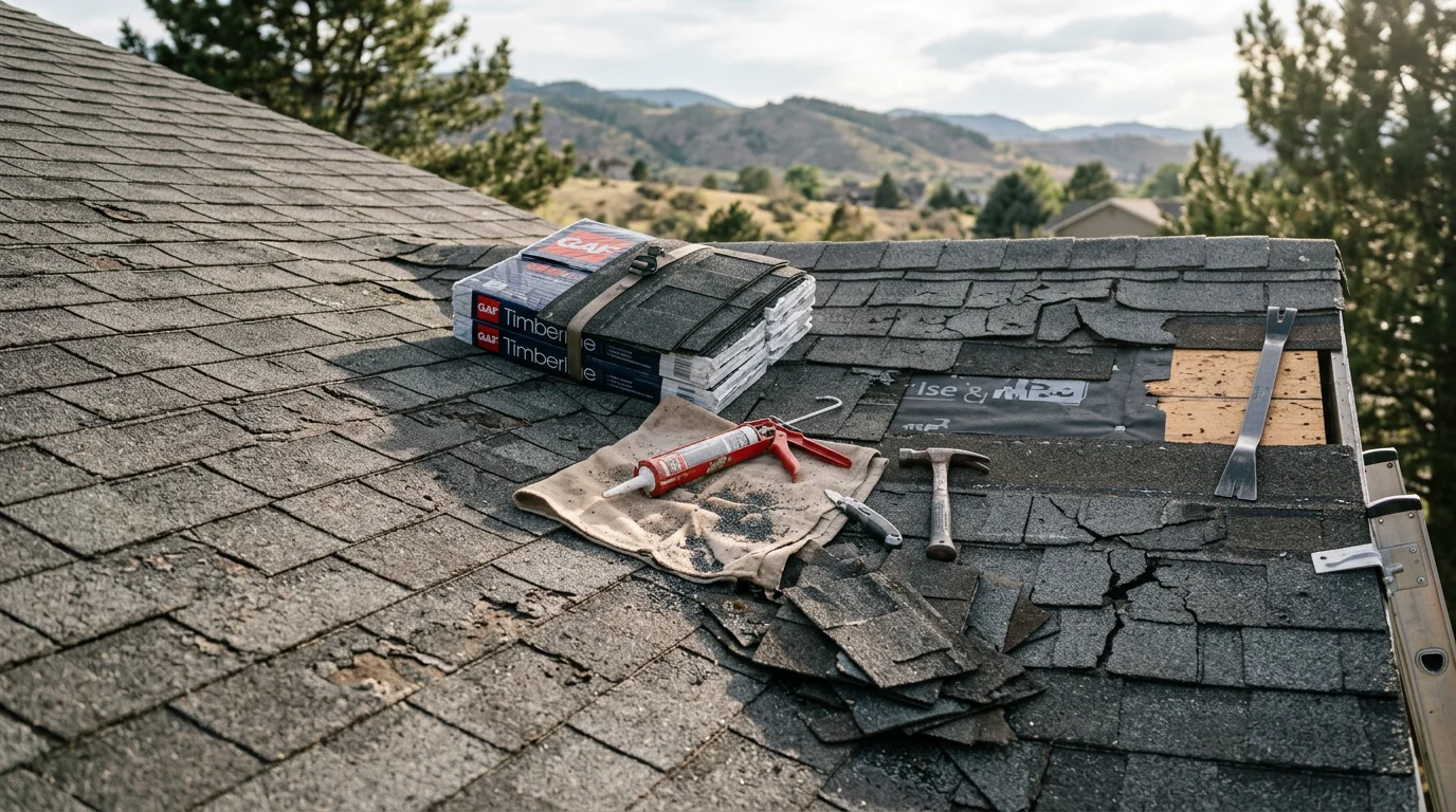 A roofing contractor repairing storm-damaged shingles on a residential roof in Loveland, Colorado, with the Front Range foothills visible in the background. Close-up view shows replaced shingles and sealed flashing along the roof edge.