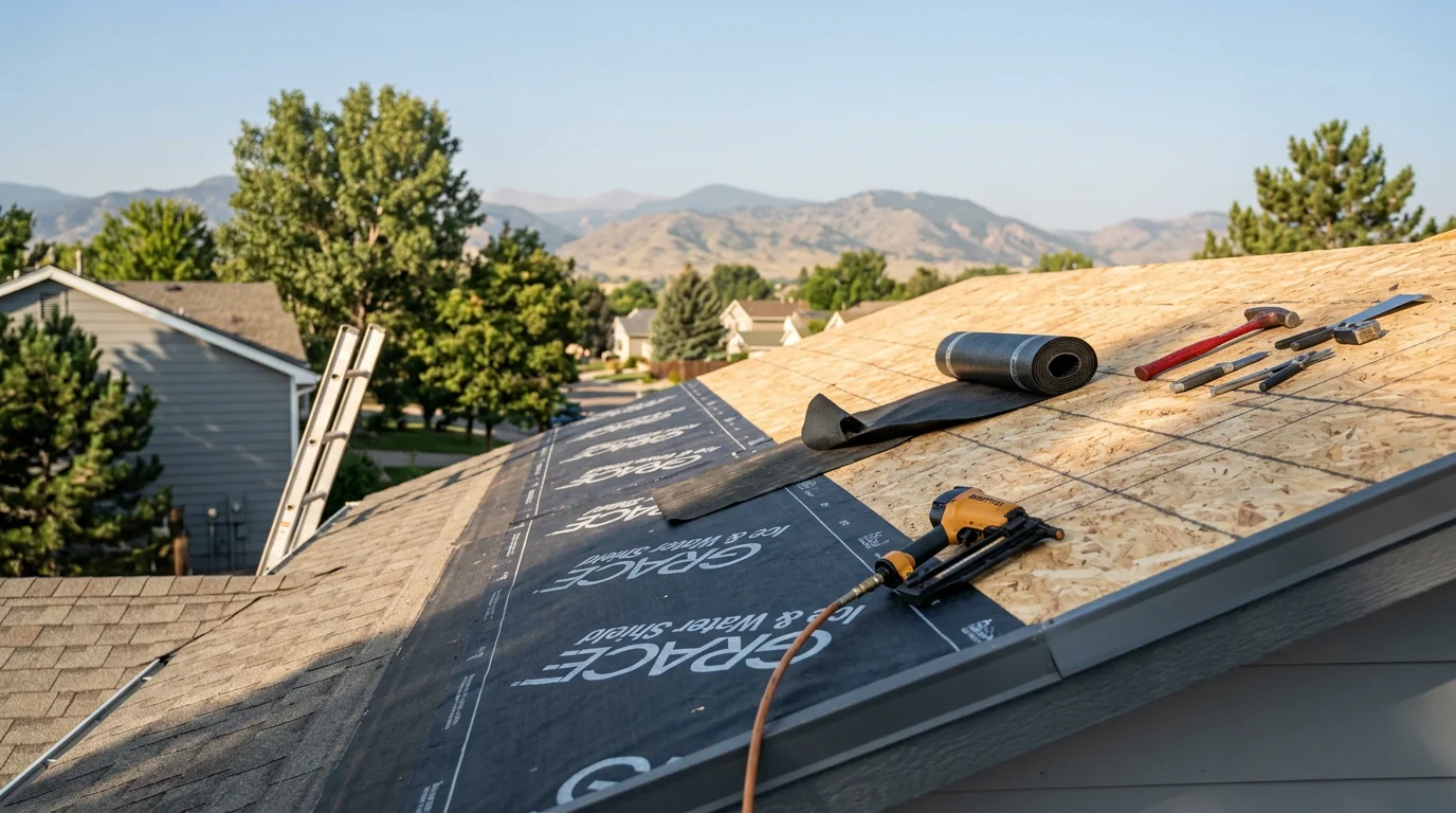A completed residential roof replacement on a single-family home in Loveland, Colorado, showing a clean roofline with new underlayment and flashing details visible at the eaves. The home sits against a Northern Colorado sky with the Front Range foothills in the background.